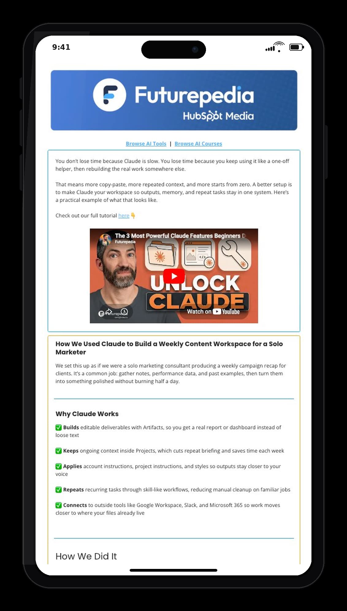 Latest Futurepedia newsletter preview on a phone